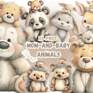 Op de afbeelding: Een verzameling aquarel illustraties met schattige moeder-en-baby dieren. De afbeelding toont een grote teddybeer, panda, konijn, hert en egels, elk met een kleiner baby dier erop. De tekst "26 PNGS MOM-AND-BABY ANIMALS Clipart" is zichtbaar.