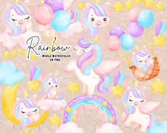 Puede incluir: Ilustraciones de acuarela de unicornios, arcoíris, globos y estrellas en colores pastel. La palabra "Rainbow" está escrita en cursiva. También está presente el texto "WORLD WATERCOLOR 34 PNG".