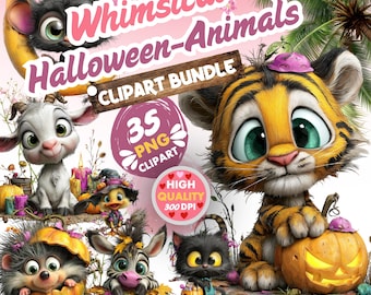 Op de afbeelding: Een digitaal clipartpakket met cartoon-dieren voor Halloween, waaronder een tijger met een pompoen, een geit, een egel en een kat. De tekst luidt Whimsical Halloween-Animals CLIPART BUNDLE, 35 PNG CLIPART en HIGH QUALITY 300 DPI.