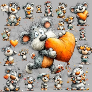 Puede incluir: Una colección de osos de dibujos animados en varias poses, sosteniendo corazones, globos y regalos. Los osos son principalmente grises y blancos con acentos naranjas, sobre un fondo gris. Algunos osos sostienen carteles con la palabra "LOVE".
