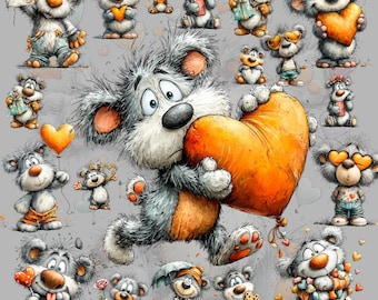 Peut inclure: Une collection d'ours en peluche de dessins animés dans diverses poses, tenant des cœurs, des ballons et des cadeaux. Les ours sont principalement gris et blancs avec des accents orange, sur un fond gris. Certains ours tiennent des pancartes avec le mot "LOVE".