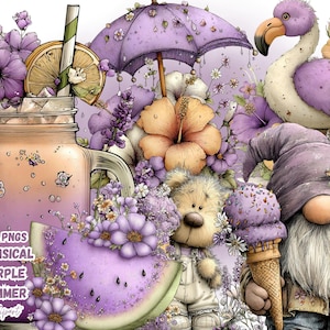 May include: A whimsical purple summer clipart image. It features a mason jar drink with a lemon slice, a flamingo, a gnome holding ice cream, a teddy bear, a watermelon slice, and an umbrella. The image includes the text "34 PNGS WHIMSICAL PURPLE SUMMER Clipart".