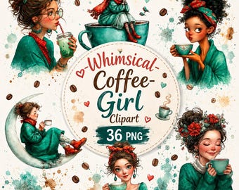 Whimsical Coffee Girl Clipart PNG Bundle, Cute Watercolor Coffee Girl PNG, Kawaii Café Girl Clipart, Cozy Aesthetic Coffee Digital Download