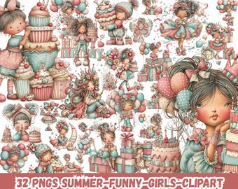 Birthday Girl PNG Bundle, Watercolor Princess Girl Clipart, Cute Pink Party Girls Sublimation PNG, Trendy Kids Birthday Design