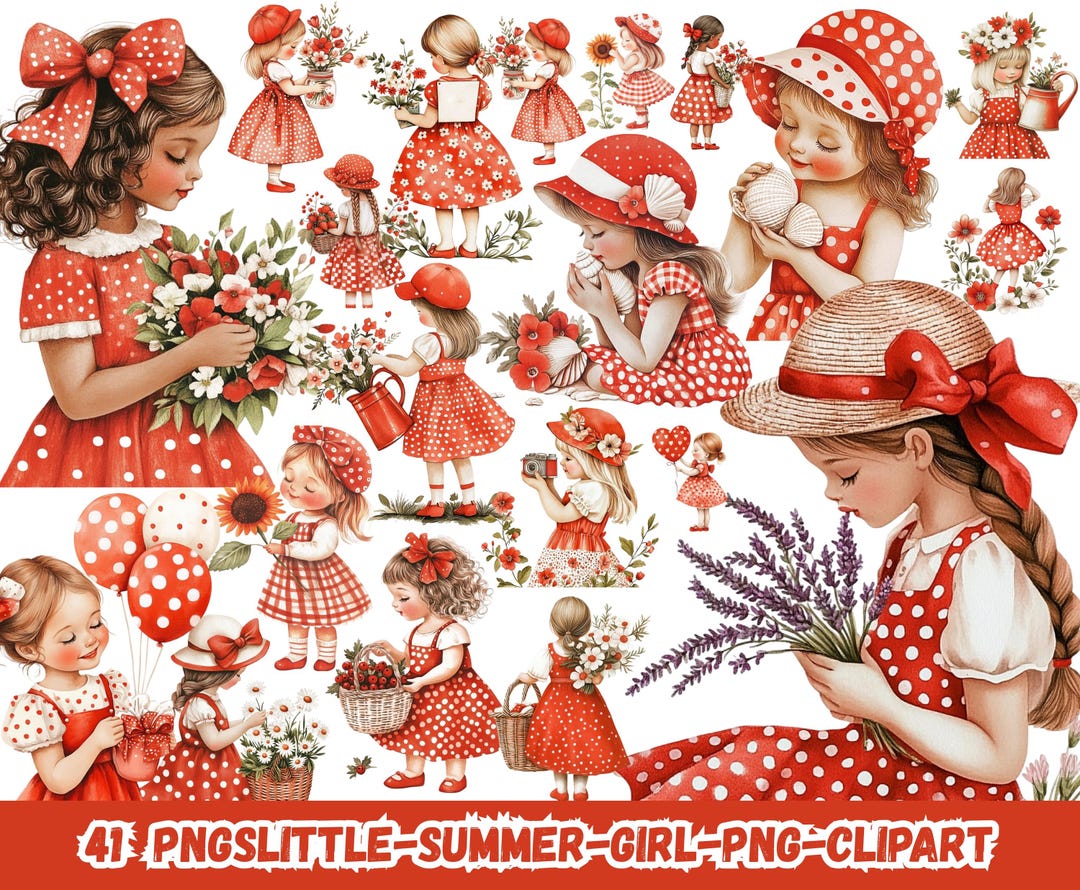 Little Summer Girl PNG Clipart Bundle, Cute Vacation Girl Illustration ...