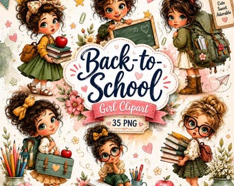 Back to School Girl Clipart Bundle 35 PNGs, Cute School Girl PNG, Watercolor Student Clipart, Teacher Sublimation Design