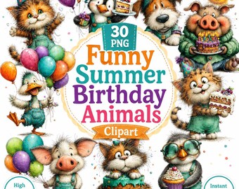 Funny Summer Birthday Animals Clipart PNG Bundle, Cute Party Animal Sublimation Designs, Whimsical Birthday Clipart, Digital Download