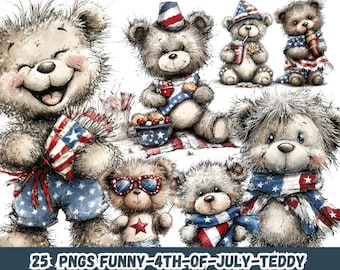 Funny 4th of July Teddy Bear PNG Bundle, Cute Patriotic Teddy Clipart, USA Independence Day Sublimation, Red White Blue Shirt Design