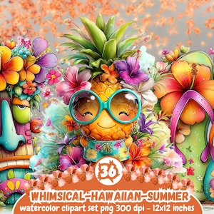 Könnte beinhalten: Eine skurrile Aquarellillustration mit einer lächelnden Ananas mit Sonnenbrille, umgeben von bunten Blumen, Tiki-Masken und Flip-Flops. Der Text lautet: "WHIMSICAL-HAWAIIAN-SUMMER watercolor clipart set png 300 dpi - 30.48x30.48 cm."
