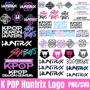 May include: A collection of logos in various styles and colors, including the words "Huntrix", "KPOP Demon Hunters", and "Saja Boys". The logos feature geometric shapes, lion heads, and stylized text. The bottom of the image reads "K POP Huntrix Logo PNG/SVG".