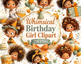 Whimsical Birthday Girl Clipart PNG, Watercolor Cute Party Girl Bundle, Kawaii Birthday Girl Sublimation Design, Digital Download