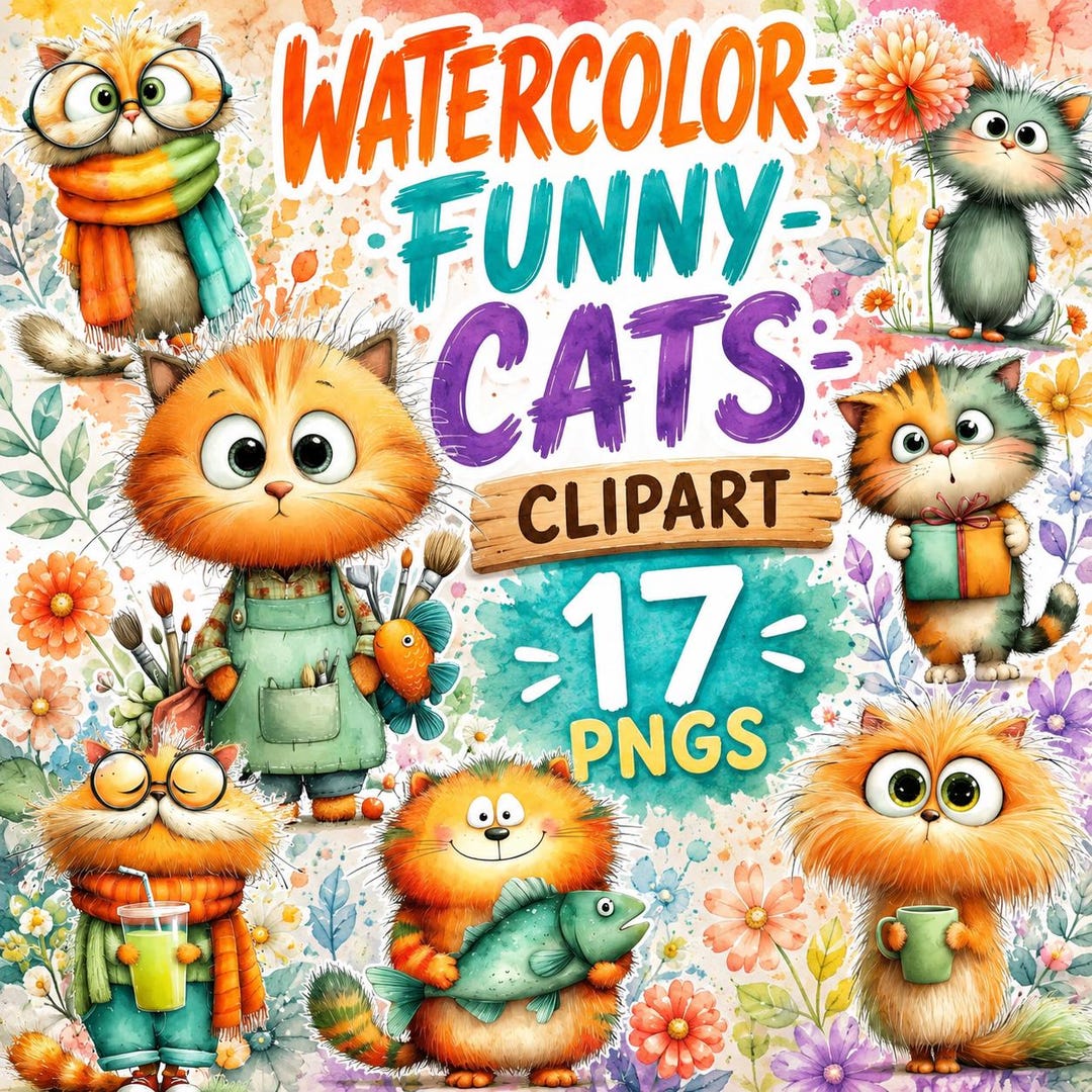 Watercolor Funny Cats PNG Bundle, Quirky Cat Clipart Set, Cute Kitty ...
