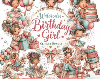 Watercolor Birthday Girl Clipart Bundle PNG, Cute Party Girl Set, Kawaii Birthday Girl Sublimation Design, Digital Download