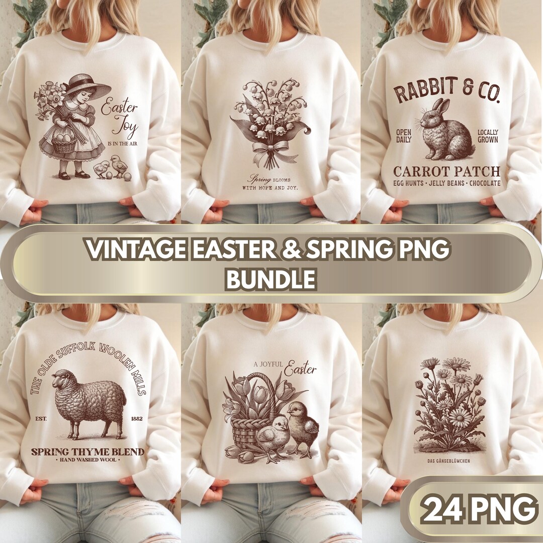 Retro Easter Spring Vintage Easter Spring PNG Bundle | Retro Easter Clipart | Floral Bunny ...