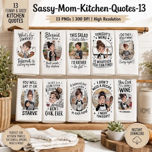 May include: A collection of 10 white kitchen towels with humorous quotes and illustrations. The towels are displayed on a wooden rod. The quotes include phrases like "Takeout is calling my name" and "You cook, I'll drink wine."