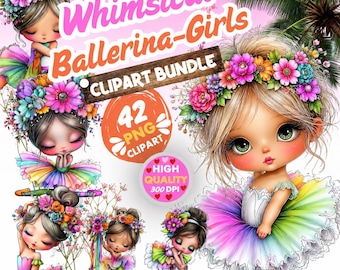 Op de afbeelding: Een digitaal clipart-pakket met illustraties van jonge ballerina's met grote ogen en bloemenkransen, gekleed in regenboogkleurige tutu's. De tekst luidt Whimsical Ballerina-Girls CLIPART BUNDLE, 42 PNG CLIPART, HIGH QUALITY 300 DPI.
