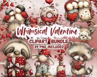 Whimsical Valentine Animals Clipart Set: Romantic Character Bundle Whimsical Graphics (Digital Download - 39 PNGs)