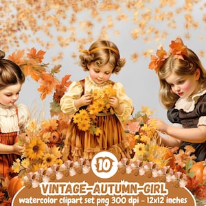 Könnte beinhalten: Ein Vintage-Aquarell-Clipart-Set mit drei jungen Mädchen, umgeben von Herbstblättern, Sonnenblumen und Kürbissen. Der Text "VINTAGE-AUTUMN-GIRL" und "watercolor clipart set png 300 dpi - 12x12 inches" ist enthalten.