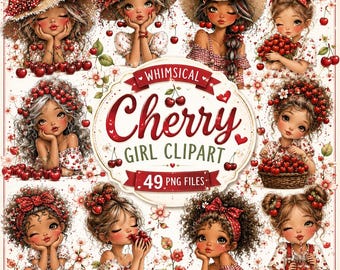 Whimsical Cherry Girl Clipart PNG Bundle, Cute Watercolor Fruit Girl PNG, Kawaii Summer Cherry Girl Clipart,Girly Aesthetic Digital Download