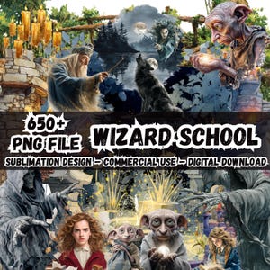 Può includere: Download digitale con tema scuola di magia. L'immagine include illustrazioni di maghi, un lupo e il testo "650+ PNG FILE WIZARD SCHOOL SUBMLIMATION DESIGN COMMERCIAL USE DIGITAL DOWNLOAD."