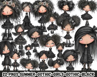 Summer Gothic Girls PNG Bundle, Black Goth Girl Clipart, Dark Aesthetic Emo Girl Sublimation, Alternative Fashion PNG