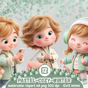 Op de afbeelding: Watercolor clipart set met drie cartoonfiguren in winterkleding. De figuren dragen jassen, hoeden en dragen tassen. De afbeelding bevat de tekst "PASTEL-COZY-WINTER" en details over de resolutie en grootte.