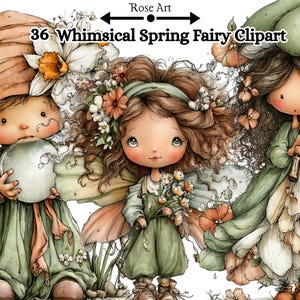 Può includere: Illustrazione digitale di tre personaggi fatati stravaganti con grandi occhi, che indossano abiti verdi e color pesca. Le fate sono circondate da fiori e vegetazione. Il testo "36 Whimsical Spring Fairy Clipart" è in alto.