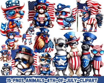 4th of July Animals Clipart PNG, Patriotic Cute Animal Sublimation Bundle, USA Independence Day Red White Blue Designs