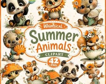 Whimsical Summer Animals Clipart PNG Bundle, Cute Watercolor Animal PNG, Kawaii Summer Animal Clip Art, Sublimation Design Download