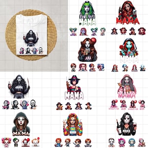 May include: White t-shirt with a horror movie character graphic, holding a bottle and knife, with the word "MAMA" and small character illustrations. The shirt is displayed on a woven surface.