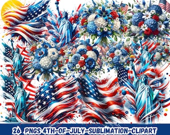 4th of July Sublimation Clipart PNG Bundle, Independence Day Red White Blue Graphics for Shirts Mugs Prints, Instant Download