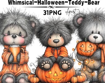 Whimsical Halloween Teddy Bear Clipart PNG Bundle, Cute Bear PNG, Pumpkin Teddy Clipart, Fall Bear PNG, Halloween Sublimation