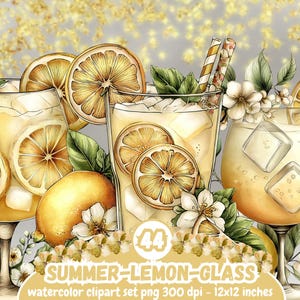 May include: Watercolor illustration of summer lemonade glasses with lemon slices, ice cubes, and floral accents. The image includes the text "44 SUMMER-LEMON-GLASS watercolor clipart set png 300 dpi - 12x12 inches."