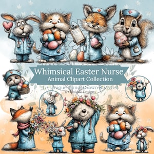 May include: A digital illustration featuring whimsical animal characters dressed as nurses, holding Easter eggs and flowers. The image includes a bunny, cat, fox, and squirrel, with the text "Whimsical Easter Nurse Animal Clipart Collection."