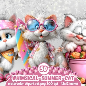 Puede incluir: Conjunto de imágenes prediseñadas de acuarela caprichosas con tres gatos de dibujos animados. Un gato lleva una diadema y sandalias rosas, otro tiene gafas de sol y una tabla de surf, y el tercero sostiene un cubo de fresas. El conjunto incluye 50 imágenes, 30.5x30.5 cm.
