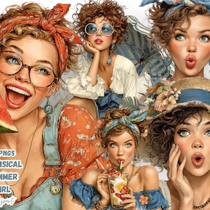Könnte beinhalten: Eine digitale Kunstcollage mit Illustrationen von Frauen mit lockigem Haar, die Sommerkleidung tragen und Sommerleckereien genießen. Der Text "31 PNGS WHIMSICAL SUMMER GIRL Clipart" ist sichtbar. Die Farbpalette umfasst Orange, Blau und Rot.