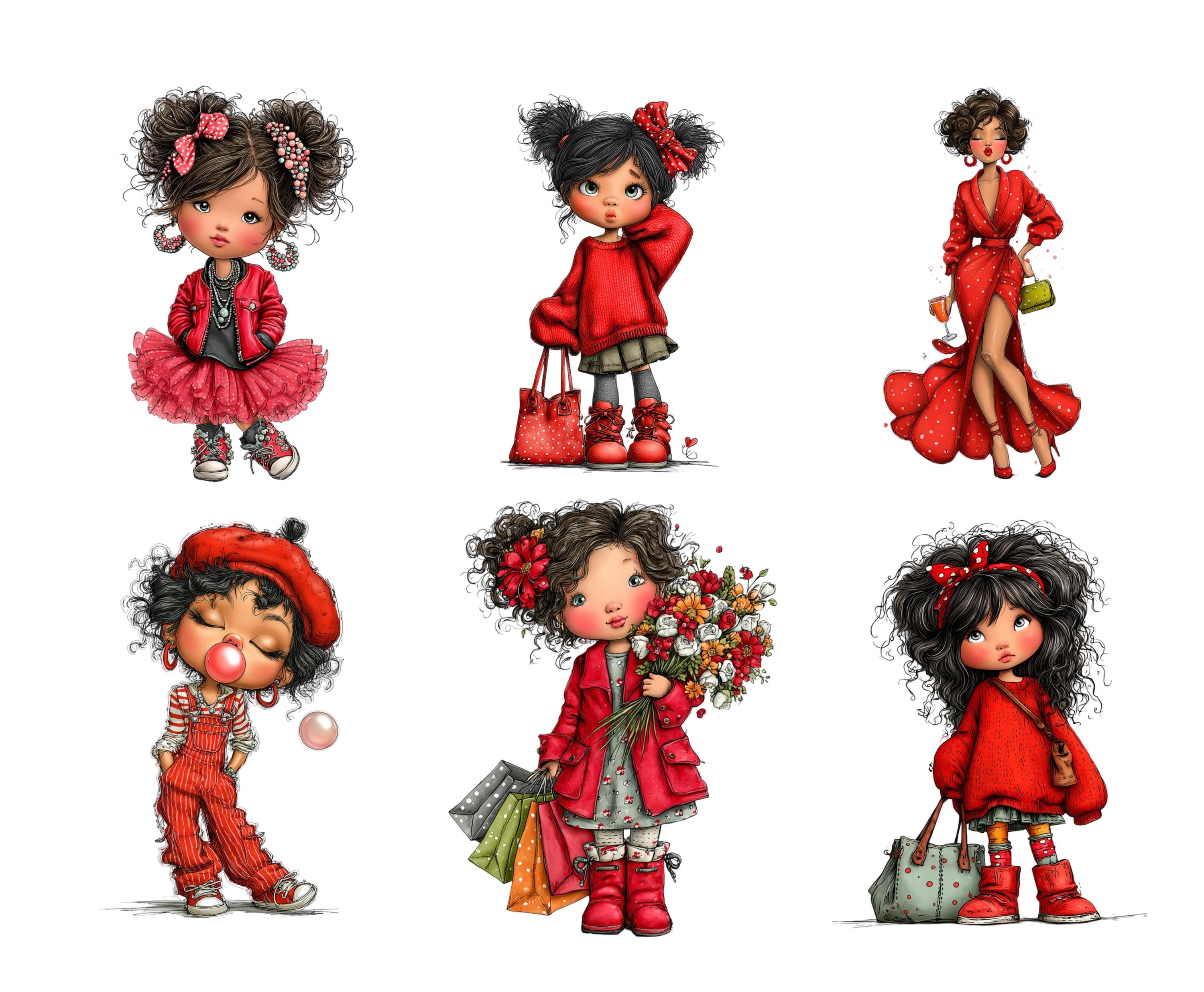 Whimsical Fashion Girls Clipart PNG Bundle, Cute Trendy Girl ...