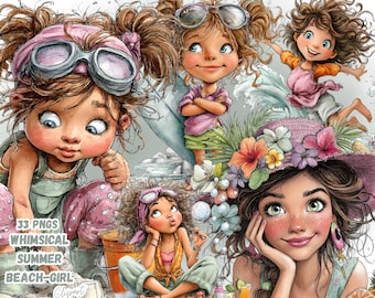 Whimsical Summer Beach Girl Clipart Bundle PNG, Cute Boho Coastal Girl, Tropical Vacation Aesthetic, Watercolor Pastel Sublimation Design