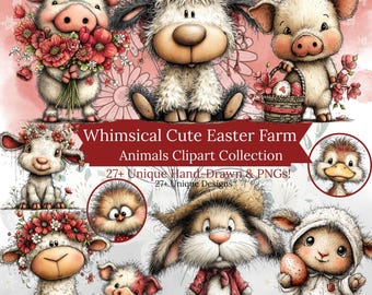 Könnte beinhalten: Eine Sammlung von Cartoon-Clipart-Bauernhoftieren mit Ostermotiv. Das Bild zeigt ein Schwein mit Blumen, ein Schaf mit Blumenkranz und ein Häschen mit Hut. Der Text lautet "Whimsical Cute Easter Farm Animals Clipart Collection".