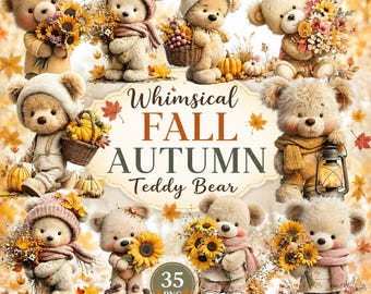 Whimsical Fall Autumn Teddy Bear Clipart PNG, Cute Watercolor Bear Bundle, Kawaii Autumn Sublimation Design, Digital Download