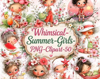 Whimsical Summer Girls Clipart Bundle PNG, Cute Beach Girl Illustration, Watercolor Summer Kids Digital Download