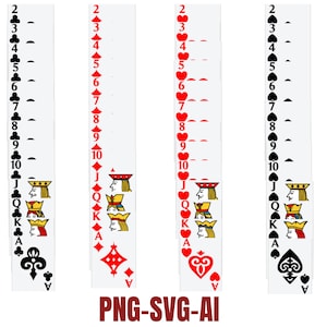 May include: Four playing card designs featuring suits of clubs, diamonds, hearts, and spades. Each card displays the numbers 2 through 10, plus Jack, Queen, King, and Ace. The text "PNG-SVG-AI" is at the bottom.