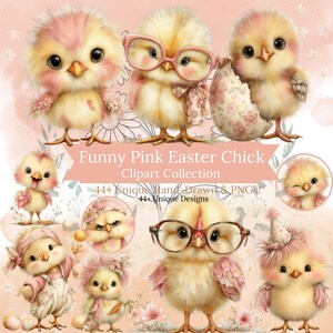 May include: A collection of charming, cartoon chicks with pink details and accessories. Some chicks wear glasses, hats, and scarves. The image includes the text "Funny Pink Easter Chick Clipart Collection" and "44+ Unique Hand Drawn & PNGs!"