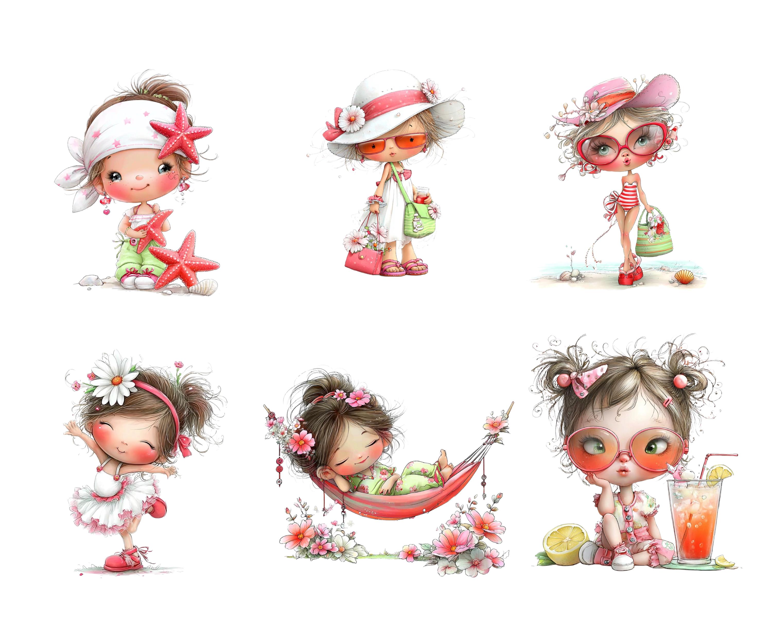 Whimsical Summer Girls Clipart Bundle PNG, Cute Beach Girl Illustration ...