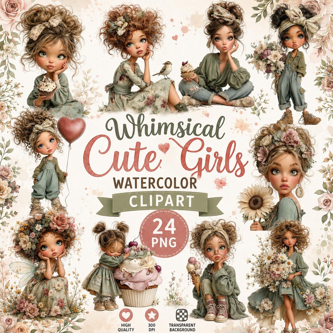Whimsical Cute Girls Watercolor Clipart PNG Bundle, Cartoon Girl PNG ...