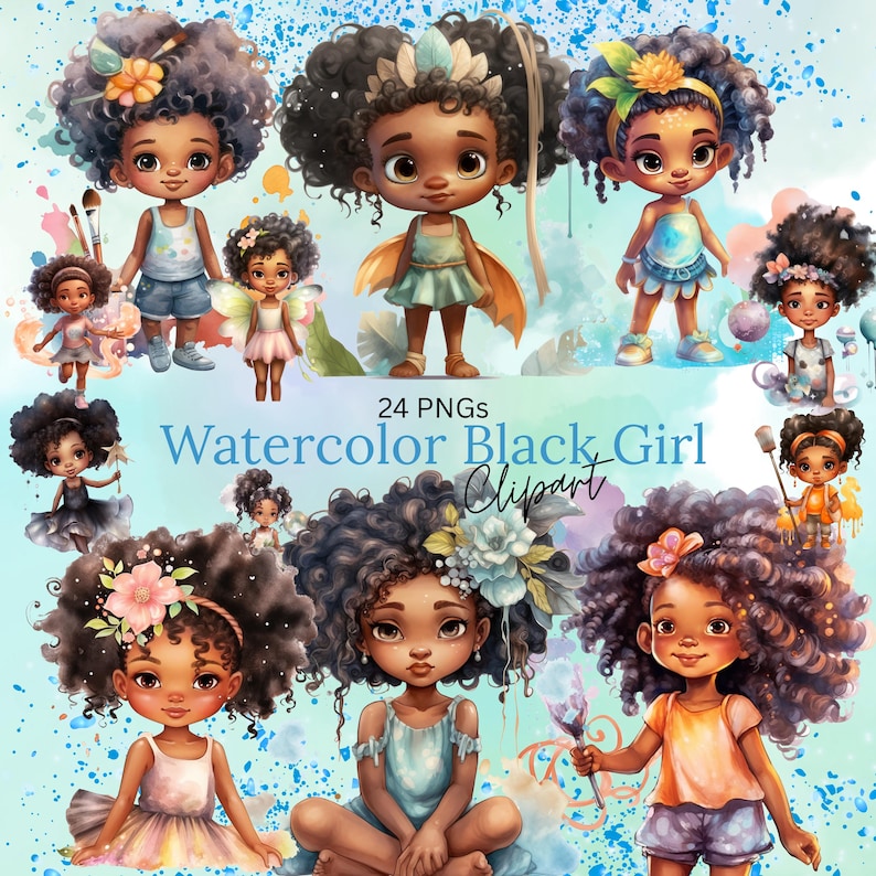 Watercolor Black Girl Clipart Bundle | Cute Afro Kids PNG | Little ...