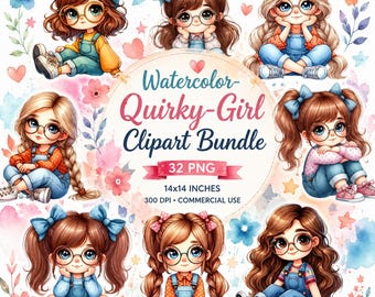Watercolor Quirky Girl Clipart Bundle PNG, Cute Fashion Cartoon Girls Sublimation Designs, Whimsical Kawaii Girl Digital Download