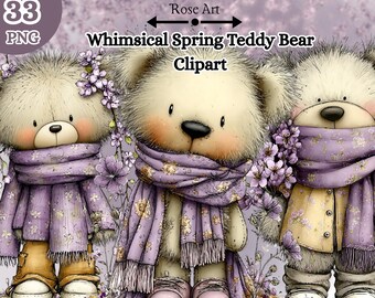 Spring Teddy Bear Illustration Bundle: Seasonal Character Art Set 33 PNG ,Digital Download, Commercial Use