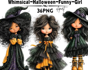 Whimsical Halloween Funny Girl Clipart PNG Bundle, Cute Witch Girl PNG, Spooky Kids Clipart, Watercolor Halloween PNG, Sublimation