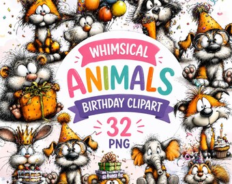Whimsical Animals Birthday Clipart PNG Bundle, Cute Party Animal Sublimation Designs, Funny Birthday Animals, Digital Download
